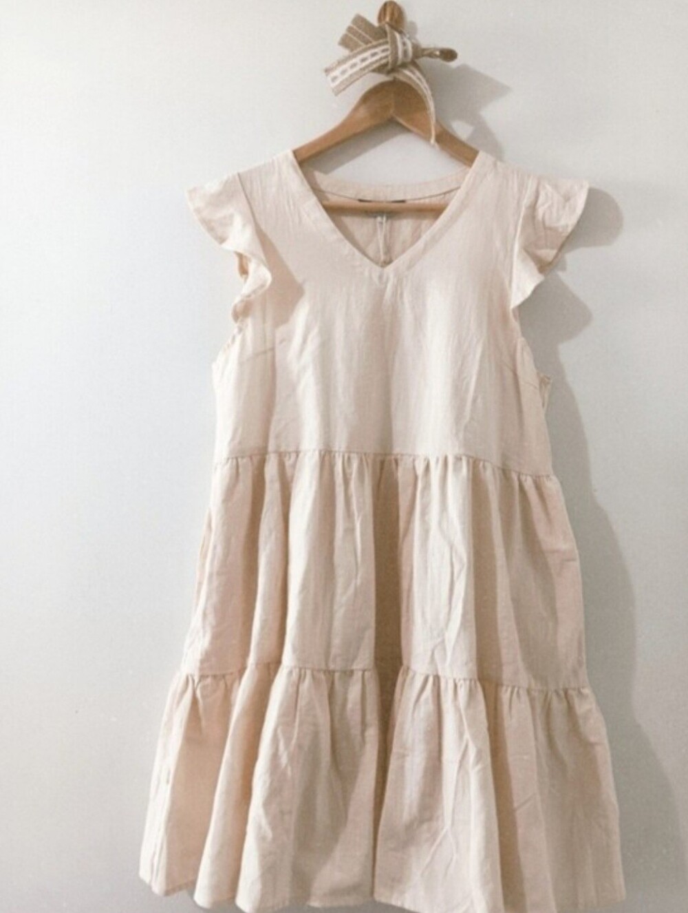 Everkaki V-neck Cream Cotton Ruffled Sleeve Tiered Babydoll Mini Dress Small Nwt